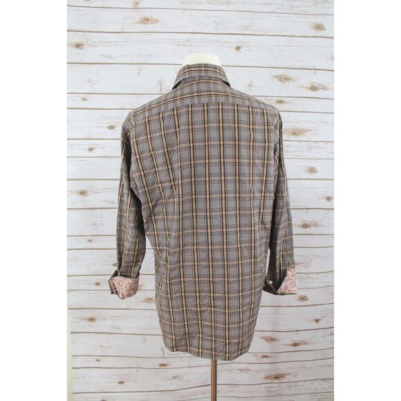 Thomas Dean Men's size L L/S Button-Front purple yellow Plaid Flip Cuff paisley - Picture 3 of 8